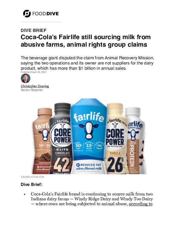 FOOD DIVE: Coca-Cola’s Fairlife still sourcing milk from abusive farms, animal rights group claims